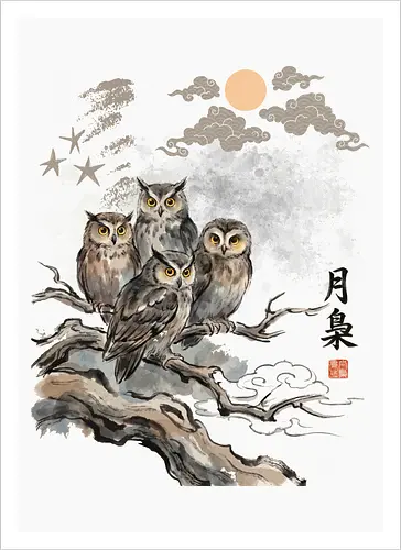 Japanische Eulen im Mondlicht – Vintage Sumi-e Naturkunst - Eule, Japanische Eule, Sumi-e, Mond, Vintage Kunst, Naturmotiv, Waldvogel, Zen Kunst, Tuschemalerei, Aquarell, Vogel Illustration, Japan Stil, Tierkunst, Asiatische Kunst, Wildlife - Artprint
