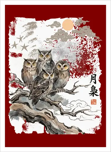 Japanische Eulen im Mondlicht – Vintage Sumi-e Naturkunst - Eule, Japanische Eule, Sumi-e, Mond, Vintage Kunst, Naturmotiv, Waldvogel, Zen Kunst, Tuschemalerei, Aquarell, Vogel Illustration, Japan Stil, Tierkunst, Asiatische Kunst, Wildlife - Artprint