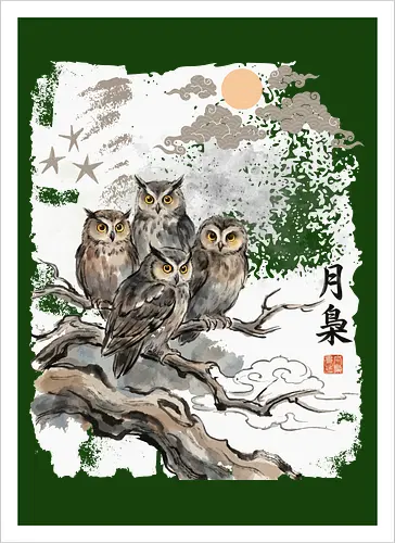 Japanische Eulen im Mondlicht – Vintage Sumi-e Naturkunst