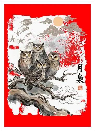 Japanische Eulen im Mondlicht – Vintage Sumi-e Naturkunst - Eule, Japanische Eule, Sumi-e, Mond, Vintage Kunst, Naturmotiv, Waldvogel, Zen Kunst, Tuschemalerei, Aquarell, Vogel Illustration, Japan Stil, Tierkunst, Asiatische Kunst, Wildlife - Artprint
