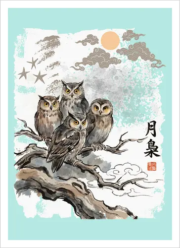 Japanische Eulen im Mondlicht – Vintage Sumi-e Naturkunst - Eule, Japanische Eule, Sumi-e, Mond, Vintage Kunst, Naturmotiv, Waldvogel, Zen Kunst, Tuschemalerei, Aquarell, Vogel Illustration, Japan Stil, Tierkunst, Asiatische Kunst, Wildlife - Artprint