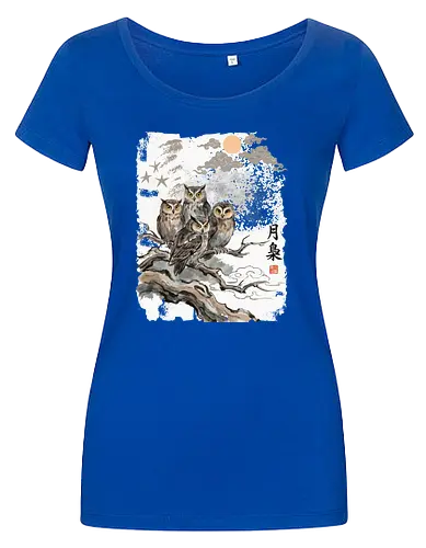 Japanische Eulen im Mondlicht – Vintage Sumi-e Naturkunst - Eule, Japanische Eule, Sumi-e, Mond, Vintage Kunst, Naturmotiv, Waldvogel, Zen Kunst, Tuschemalerei, Aquarell, Vogel Illustration, Japan Stil, Tierkunst, Asiatische Kunst, Wildlife - Women T-Shirt