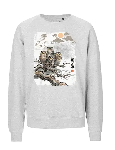 Japanische Eulen im Mondlicht – Vintage Sumi-e Naturkunst - Eule, Japanische Eule, Sumi-e, Mond, Vintage Kunst, Naturmotiv, Waldvogel, Zen Kunst, Tuschemalerei, Aquarell, Vogel Illustration, Japan Stil, Tierkunst, Asiatische Kunst, Wildlife - Fairtrade Sweatshirt