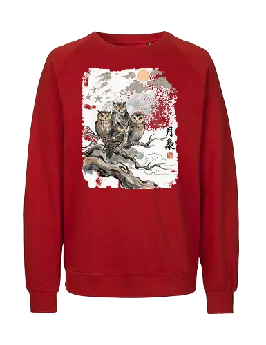 Japanische Eulen im Mondlicht – Vintage Sumi-e Naturkunst - Eule, Japanische Eule, Sumi-e, Mond, Vintage Kunst, Naturmotiv, Waldvogel, Zen Kunst, Tuschemalerei, Aquarell, Vogel Illustration, Japan Stil, Tierkunst, Asiatische Kunst, Wildlife - Fairtrade Sweatshirt