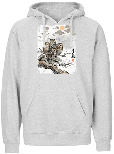 Japanische Eulen im Mondlicht – Vintage Sumi-e Naturkunst - Eule, Japanische Eule, Sumi-e, Mond, Vintage Kunst, Naturmotiv, Waldvogel, Zen Kunst, Tuschemalerei, Aquarell, Vogel Illustration, Japan Stil, Tierkunst, Asiatische Kunst, Wildlife - Fairtrade Hoodie