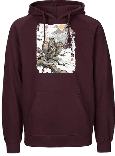 Japanische Eulen im Mondlicht – Vintage Sumi-e Naturkunst - Eule, Japanische Eule, Sumi-e, Mond, Vintage Kunst, Naturmotiv, Waldvogel, Zen Kunst, Tuschemalerei, Aquarell, Vogel Illustration, Japan Stil, Tierkunst, Asiatische Kunst, Wildlife - Fairtrade Hoodie