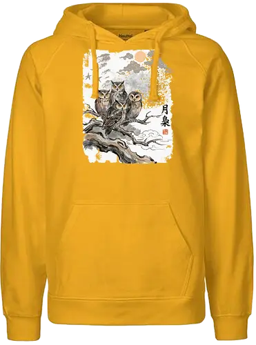Japanische Eulen im Mondlicht – Vintage Sumi-e Naturkunst - Eule, Japanische Eule, Sumi-e, Mond, Vintage Kunst, Naturmotiv, Waldvogel, Zen Kunst, Tuschemalerei, Aquarell, Vogel Illustration, Japan Stil, Tierkunst, Asiatische Kunst, Wildlife - Fairtrade Hoodie