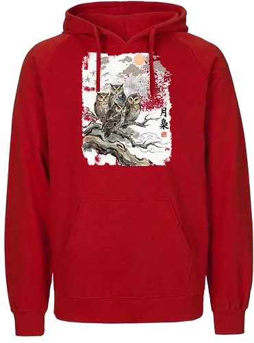 Japanische Eulen im Mondlicht – Vintage Sumi-e Naturkunst - Eule, Japanische Eule, Sumi-e, Mond, Vintage Kunst, Naturmotiv, Waldvogel, Zen Kunst, Tuschemalerei, Aquarell, Vogel Illustration, Japan Stil, Tierkunst, Asiatische Kunst, Wildlife - Fairtrade Hoodie