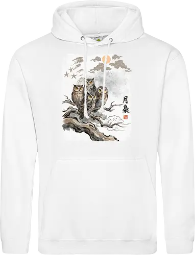 Japanische Eulen im Mondlicht – Vintage Sumi-e Naturkunst - Eule, Japanische Eule, Sumi-e, Mond, Vintage Kunst, Naturmotiv, Waldvogel, Zen Kunst, Tuschemalerei, Aquarell, Vogel Illustration, Japan Stil, Tierkunst, Asiatische Kunst, Wildlife - Standard Hoodie