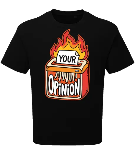 The Opinion Shredder: Flaming Hot Takes - funny sarcastic shirt, opinion shredder graphic, edgy office humor, flaming hot takes, retro pop art tee, I dont care apparel, unsolicited advice meme, quirky streetwear clothing, burning paper shredder, sarcastic aesthetic fashion - Oversize T-Shirt