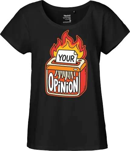 The Opinion Shredder: Flaming Hot Takes - funny sarcastic shirt, opinion shredder graphic, edgy office humor, flaming hot takes, retro pop art tee, I dont care apparel, unsolicited advice meme, quirky streetwear clothing, burning paper shredder, sarcastic aesthetic fashion - Fairtrade Girl Shirt