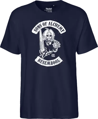 Vintage Biker Club Abzeichen mit Skelett Alchemist - Vintage Anime Druck, exklusives Rebell Design, Vintage Patch Shirt, Geek Biker Kunst, Alchemie Anime Druck, Nerd Biker Design, Premium Vintage Shirt, Vintage Biker Club Abzeichen, Fullmetal Alchemist, Sons of Anarchy, Edward Elric, FMA Brotherhood, Resembool, mashup anime, Sons of Alchemy, Skelett Alchemist Kunst, Anime Biker Patch, Vintage schwarz weiß Design, Rebell Club Druck, Anime Motorrad Kunst, Skelett Alchemie Design, Biker Geek Shirt - Fairtrade T-Shirt
