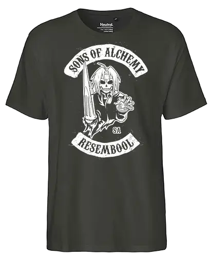 Vintage Biker Club Abzeichen mit Skelett Alchemist - Vintage Anime Druck, exklusives Rebell Design, Vintage Patch Shirt, Geek Biker Kunst, Alchemie Anime Druck, Nerd Biker Design, Premium Vintage Shirt, Vintage Biker Club Abzeichen, Fullmetal Alchemist, Sons of Anarchy, Edward Elric, FMA Brotherhood, Resembool, mashup anime, Sons of Alchemy, Skelett Alchemist Kunst, Anime Biker Patch, Vintage schwarz weiß Design, Rebell Club Druck, Anime Motorrad Kunst, Skelett Alchemie Design, Biker Geek Shirt - Fairtrade T-Shirt