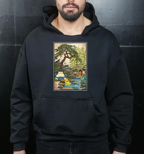 Chilling days in Japan - anime, manga, japan, japanese art, video games, ukiyo e, retro, Pocket - Cropped Hoodie