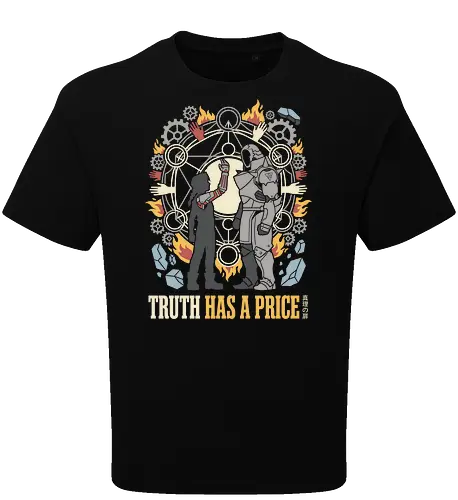 Gate of Truth: The Cost of Alchemy - Elric brothers graphic tee, Gate of Truth apparel, transmutation circle design, dark fantasy anime streetwear, FMAB aesthetic clothing, automail arm graphic, shonen manga fashion, nostalgic anime merch, symbolic otaku tee - Oversize T-Shirt