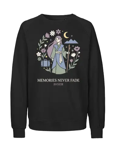 Everlasting Journey: The Wandering Elf - Frieren inspired shirt, elven mage graphic tee, aesthetic anime apparel, pastel fantasy streetwear, cottagecore anime clothing, magical elf merch, nostalgic journey design, Japanese text aesthetic shirt, cozy fantasy fashion, floral wreath anime tee - Fairtrade Sweatshirt