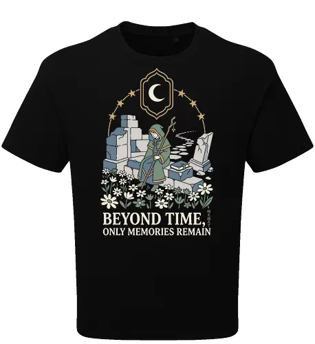 Beyond Time: The Wandering Mage - Frieren inspired shirt, fantasy anime graphic tee, wandering mage apparel, cozy RPG streetwear, aesthetic otaku clothing, pastel fantasy design, nostalgic anime merch, wizard ruins illustration, Japanese text aesthetic shirt, cottagecore anime fashion - Oversize T-Shirt