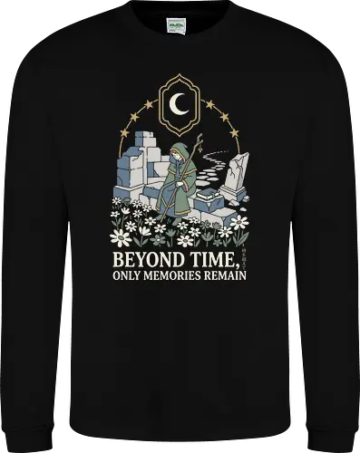 Beyond Time: The Wandering Mage - Frieren inspired shirt, fantasy anime graphic tee, wandering mage apparel, cozy RPG streetwear, aesthetic otaku clothing, pastel fantasy design, nostalgic anime merch, wizard ruins illustration, Japanese text aesthetic shirt, cottagecore anime fashion - Sweatshirt