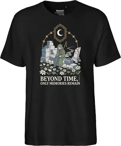 Beyond Time: The Wandering Mage - Frieren inspired shirt, fantasy anime graphic tee, wandering mage apparel, cozy RPG streetwear, aesthetic otaku clothing, pastel fantasy design, nostalgic anime merch, wizard ruins illustration, Japanese text aesthetic shirt, cottagecore anime fashion - Fairtrade T-Shirt