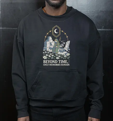 Beyond Time: The Wandering Mage - Frieren inspired shirt, fantasy anime graphic tee, wandering mage apparel, cozy RPG streetwear, aesthetic otaku clothing, pastel fantasy design, nostalgic anime merch, wizard ruins illustration, Japanese text aesthetic shirt, cottagecore anime fashion - Cropped Sweatshirt