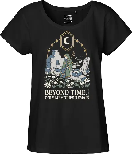 Beyond Time: The Wandering Mage - Frieren inspired shirt, fantasy anime graphic tee, wandering mage apparel, cozy RPG streetwear, aesthetic otaku clothing, pastel fantasy design, nostalgic anime merch, wizard ruins illustration, Japanese text aesthetic shirt, cottagecore anime fashion - Fairtrade Girl Shirt