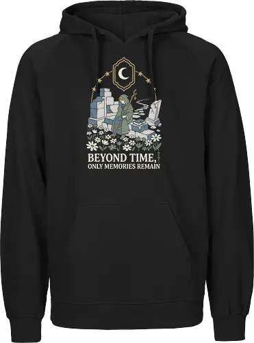 Beyond Time: The Wandering Mage - Frieren inspired shirt, fantasy anime graphic tee, wandering mage apparel, cozy RPG streetwear, aesthetic otaku clothing, pastel fantasy design, nostalgic anime merch, wizard ruins illustration, Japanese text aesthetic shirt, cottagecore anime fashion - Fairtrade Hoodie