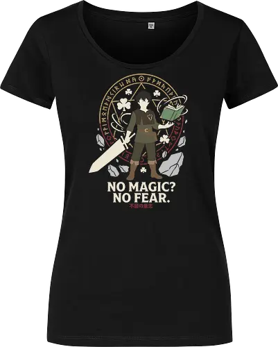 The Anti-Magic Knight: No Fear - Black Clover shirt, Asta graphic tee, anti magic apparel, five leaf grimoire, shonen anime streetwear, minimalist anime clothing, anime knight design, otaku motivational shirt, fantasy manga tee, Japanese text anime merch - Women T-Shirt