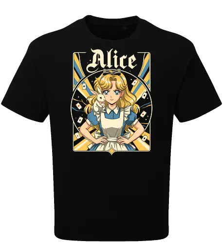 Alice - alice, wonderland, fantasy, fairytale, rabbit, magic, storybook, anime, manga, kawaii, retro, vintage, geek, classic, adventure, curious, dream, dreamy, whimsical, fantastic, tea, queen, cards, aesthetic, illustration, art, magical, nostalgia, fable, fairy - Oversize T-Shirt