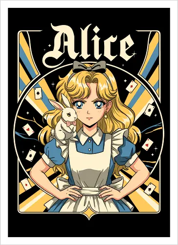 Alice - alice, wonderland, fantasy, fairytale, rabbit, magic, storybook, anime, manga, kawaii, retro, vintage, geek, classic, adventure, curious, dream, dreamy, whimsical, fantastic, tea, queen, cards, aesthetic, illustration, art, magical, nostalgia, fable, fairy - Artprint