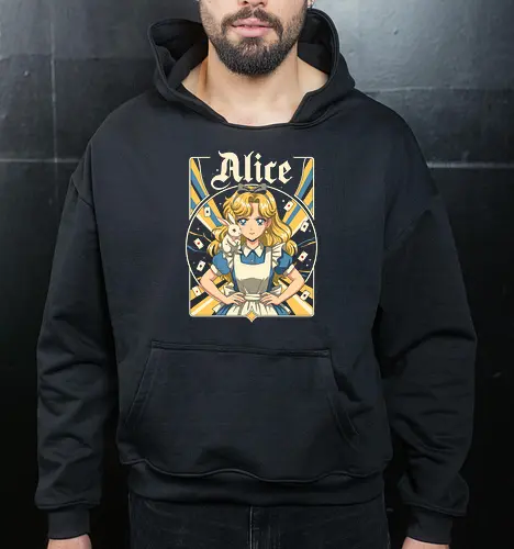 Alice - alice, wonderland, fantasy, fairytale, rabbit, magic, storybook, anime, manga, kawaii, retro, vintage, geek, classic, adventure, curious, dream, dreamy, whimsical, fantastic, tea, queen, cards, aesthetic, illustration, art, magical, nostalgia, fable, fairy - Cropped Hoodie