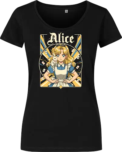 Alice - alice, wonderland, fantasy, fairytale, rabbit, magic, storybook, anime, manga, kawaii, retro, vintage, geek, classic, adventure, curious, dream, dreamy, whimsical, fantastic, tea, queen, cards, aesthetic, illustration, art, magical, nostalgia, fable, fairy - Women T-Shirt