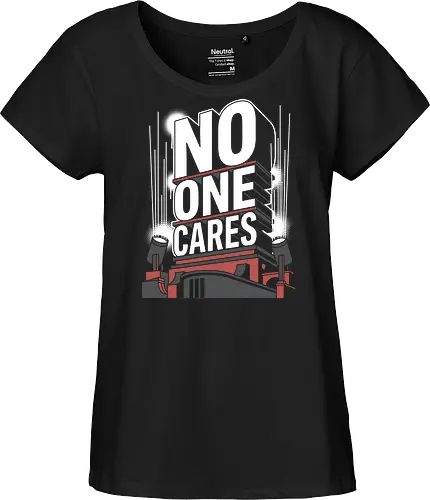 No One Cares – Bold Urban Typography - no one cares shirt, bold typography design, motivational streetwear, urban graphic t-shirt, brutalist typography poster, sarcastic quote art, black red white design, modern wall art, edgy slogan shirt, 3D lettering artwork - Fairtrade Girl Shirt