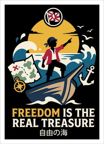 Freedom is the Real Treasure - pirate adventure shirt, anime sailing graphic tee, freedom quote apparel, One Piece inspired design, nautical streetwear, retro ocean wave shirt, treasure map graphic, Japanese text pirate merch, minimalist anime fashion, wanderlust clothing - Artprint