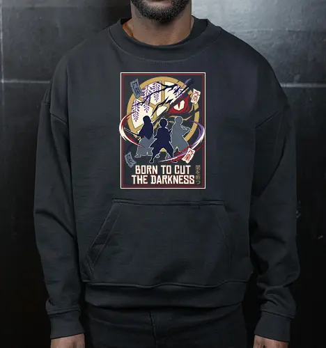 The Hunter Trio - Demon Slayer inspired shirt, anime swordsman graphic tee, demon hunter trio apparel, dark fantasy anime streetwear, shonen manga clothing, wisteria flower anime design, minimalist otaku fashion, Japanese talisman graphic, retro anime poster tee, cut the darkness shirt - Cropped Sweatshirt