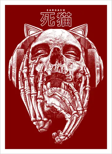 Eargasm - music, skeleton, drawing, hand drawing, skull, rose, black craft, dark magic, macabre, goth, gothic, dark art, black work, street style, streetwear, japanese metal, kanji, japan, japanese, tattoo, dark aesthetic, death metal, deathcore, satanic - Artprint