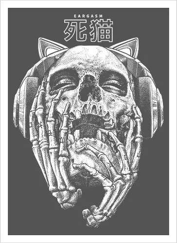 Eargasm - music, skeleton, drawing, hand drawing, skull, rose, black craft, dark magic, macabre, goth, gothic, dark art, black work, street style, streetwear, japanese metal, kanji, japan, japanese, tattoo, dark aesthetic, death metal, deathcore, satanic - Artprint