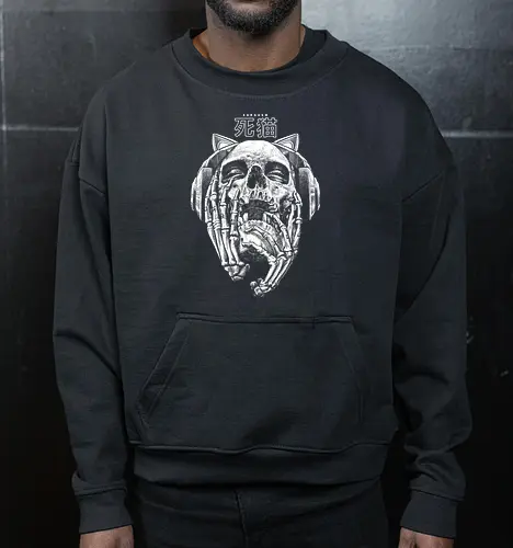 Eargasm - music, skeleton, drawing, hand drawing, skull, rose, black craft, dark magic, macabre, goth, gothic, dark art, black work, street style, streetwear, japanese metal, kanji, japan, japanese, tattoo, dark aesthetic, death metal, deathcore, satanic - Cropped Sweatshirt