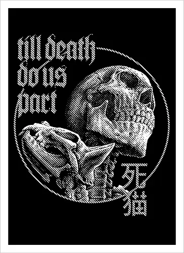 Till Death Do Us Part V2 - cat, skull, till death do us part, skeleton, meow, kitten, kitty, neko, death, drawing, black craft, dark magic, macabre, goth, gothic, dark art, black work, demon, spirit, evil, satan, Black and White, macabre, haunted, horror, dark magic, street style, streetwear, halloween, hand drawing, metal artwork - Artprint