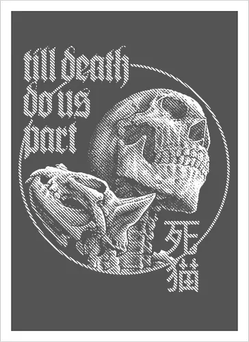 Till Death Do Us Part V2 - cat, skull, till death do us part, skeleton, meow, kitten, kitty, neko, death, drawing, black craft, dark magic, macabre, goth, gothic, dark art, black work, demon, spirit, evil, satan, Black and White, macabre, haunted, horror, dark magic, street style, streetwear, halloween, hand drawing, metal artwork - Artprint