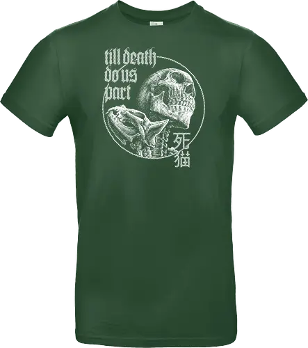 Till Death Do Us Part V2 - cat, skull, till death do us part, skeleton, meow, kitten, kitty, neko, death, drawing, black craft, dark magic, macabre, goth, gothic, dark art, black work, demon, spirit, evil, satan, Black and White, macabre, haunted, horror, dark magic, street style, streetwear, halloween, hand drawing, metal artwork - Standard T-Shirt