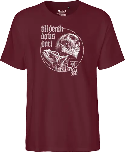 Till Death Do Us Part V2 - cat, skull, till death do us part, skeleton, meow, kitten, kitty, neko, death, drawing, black craft, dark magic, macabre, goth, gothic, dark art, black work, demon, spirit, evil, satan, Black and White, macabre, haunted, horror, dark magic, street style, streetwear, halloween, hand drawing, metal artwork - Fairtrade T-Shirt