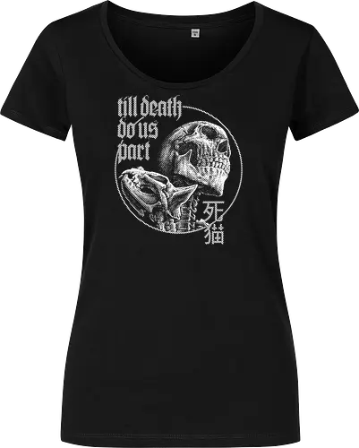 Till Death Do Us Part V2 - cat, skull, till death do us part, skeleton, meow, kitten, kitty, neko, death, drawing, black craft, dark magic, macabre, goth, gothic, dark art, black work, demon, spirit, evil, satan, Black and White, macabre, haunted, horror, dark magic, street style, streetwear, halloween, hand drawing, metal artwork - Women T-Shirt