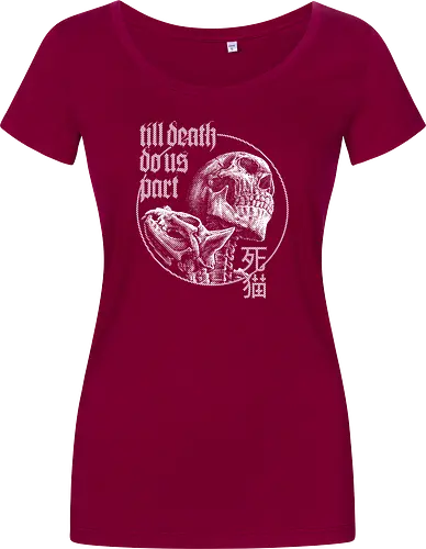 Till Death Do Us Part V2 - cat, skull, till death do us part, skeleton, meow, kitten, kitty, neko, death, drawing, black craft, dark magic, macabre, goth, gothic, dark art, black work, demon, spirit, evil, satan, Black and White, macabre, haunted, horror, dark magic, street style, streetwear, halloween, hand drawing, metal artwork - Women T-Shirt