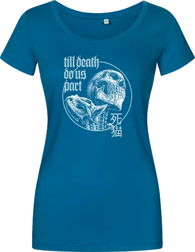 Till Death Do Us Part V2 - cat, skull, till death do us part, skeleton, meow, kitten, kitty, neko, death, drawing, black craft, dark magic, macabre, goth, gothic, dark art, black work, demon, spirit, evil, satan, Black and White, macabre, haunted, horror, dark magic, street style, streetwear, halloween, hand drawing, metal artwork - Women T-Shirt