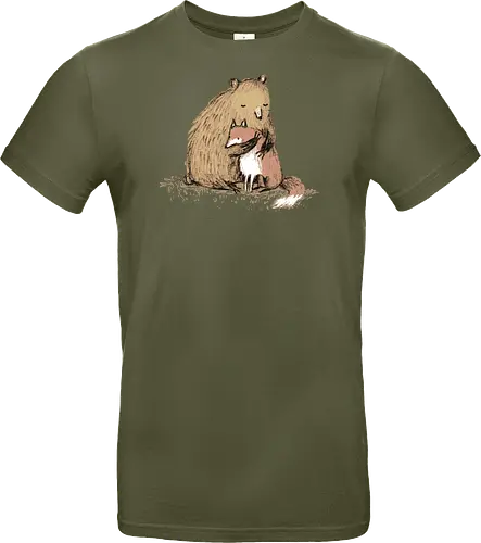 Flauschiger Bär Umarmt Kleinen Fuchs Gemütliche Kunst - Bär umarmt Fuchs, Waldtier Illustration, Bleistift Kunst Erdtöne, warme Tier Umarmung, Bär Fuchs Shirt, künstlerische Tier Illustration, Waldtierfreunde, gemütliche süße Kunst, fürsorglicher Tier Druck, Tier Skizze Illustration, besonderes Tier Geschenk, flauschiger Karamell Bär, süßer weißer orangener Fuchs, Tier Zuneigung Kunst, Tierfreundschaft Geschenk - Standard T-Shirt