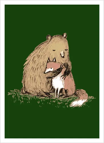 Flauschiger Bär Umarmt Kleinen Fuchs Gemütliche Kunst - Bär umarmt Fuchs, Waldtier Illustration, Bleistift Kunst Erdtöne, warme Tier Umarmung, Bär Fuchs Shirt, künstlerische Tier Illustration, Waldtierfreunde, gemütliche süße Kunst, fürsorglicher Tier Druck, Tier Skizze Illustration, besonderes Tier Geschenk, flauschiger Karamell Bär, süßer weißer orangener Fuchs, Tier Zuneigung Kunst, Tierfreundschaft Geschenk - Artprint