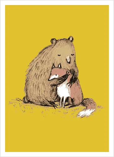 Flauschiger Bär Umarmt Kleinen Fuchs Gemütliche Kunst - Bär umarmt Fuchs, Waldtier Illustration, Bleistift Kunst Erdtöne, warme Tier Umarmung, Bär Fuchs Shirt, künstlerische Tier Illustration, Waldtierfreunde, gemütliche süße Kunst, fürsorglicher Tier Druck, Tier Skizze Illustration, besonderes Tier Geschenk, flauschiger Karamell Bär, süßer weißer orangener Fuchs, Tier Zuneigung Kunst, Tierfreundschaft Geschenk - Artprint