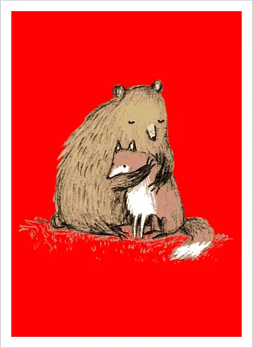 Flauschiger Bär Umarmt Kleinen Fuchs Gemütliche Kunst - Bär umarmt Fuchs, Waldtier Illustration, Bleistift Kunst Erdtöne, warme Tier Umarmung, Bär Fuchs Shirt, künstlerische Tier Illustration, Waldtierfreunde, gemütliche süße Kunst, fürsorglicher Tier Druck, Tier Skizze Illustration, besonderes Tier Geschenk, flauschiger Karamell Bär, süßer weißer orangener Fuchs, Tier Zuneigung Kunst, Tierfreundschaft Geschenk - Artprint