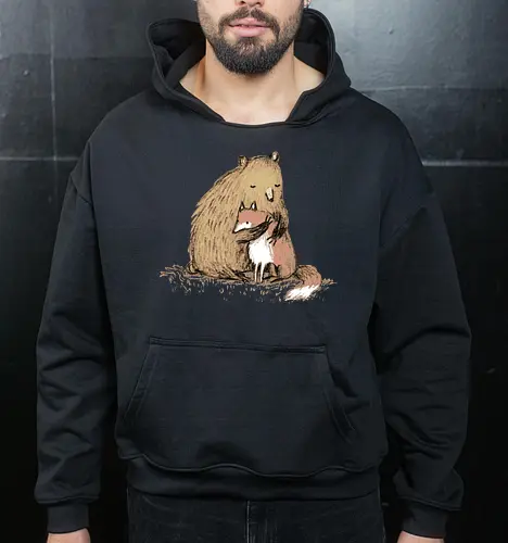 Flauschiger Bär Umarmt Kleinen Fuchs Gemütliche Kunst - Bär umarmt Fuchs, Waldtier Illustration, Bleistift Kunst Erdtöne, warme Tier Umarmung, Bär Fuchs Shirt, künstlerische Tier Illustration, Waldtierfreunde, gemütliche süße Kunst, fürsorglicher Tier Druck, Tier Skizze Illustration, besonderes Tier Geschenk, flauschiger Karamell Bär, süßer weißer orangener Fuchs, Tier Zuneigung Kunst, Tierfreundschaft Geschenk - Cropped Hoodie