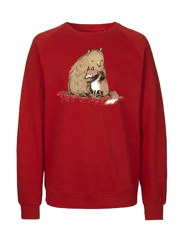 Flauschiger Bär Umarmt Kleinen Fuchs Gemütliche Kunst - Bär umarmt Fuchs, Waldtier Illustration, Bleistift Kunst Erdtöne, warme Tier Umarmung, Bär Fuchs Shirt, künstlerische Tier Illustration, Waldtierfreunde, gemütliche süße Kunst, fürsorglicher Tier Druck, Tier Skizze Illustration, besonderes Tier Geschenk, flauschiger Karamell Bär, süßer weißer orangener Fuchs, Tier Zuneigung Kunst, Tierfreundschaft Geschenk - Fairtrade Sweatshirt